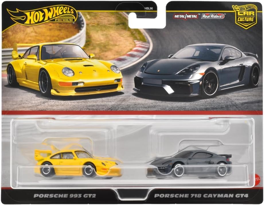 Mattel Hot Wheels HRR82 packaging with two premium minis for gift-ready display.