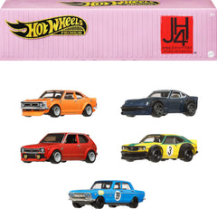 Hot Wheels Japan Historics container showcases five collectible cars in a sturdy display case.