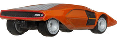 Hot Wheels Lancia Stratos Zero hammer drop side view, vivid display-ready deco.