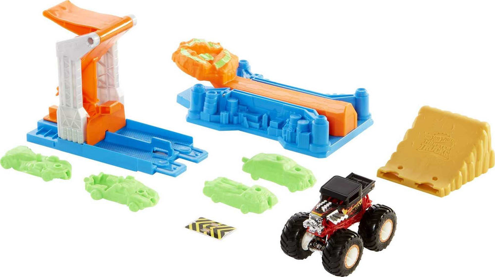 Hot Wheels launcher-bash set shows high-energy launch action for kids.