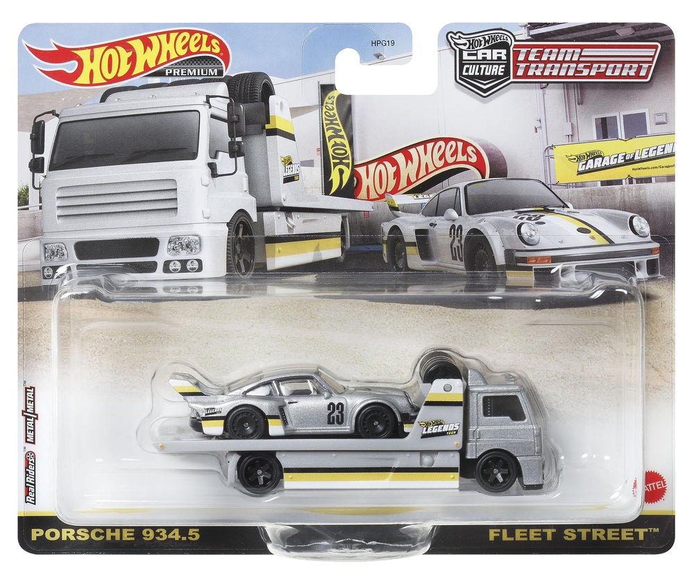 Hot Wheels Legends Tour 2023 Team Transport Porsche 934.5 and Fleet Street truck with premium detailing.