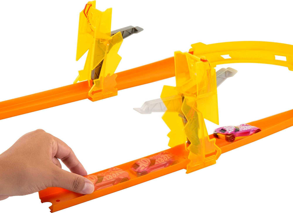 Hot Wheels Lightning Boost Pack kickers adding extra speed to the course