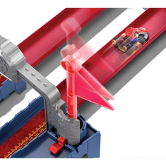 Banked turn section for faster, curved racing action.