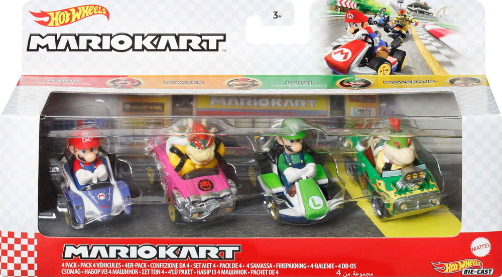 Hot Wheels Mario Kart 4-Pack karts on track for racing action and imaginative play.