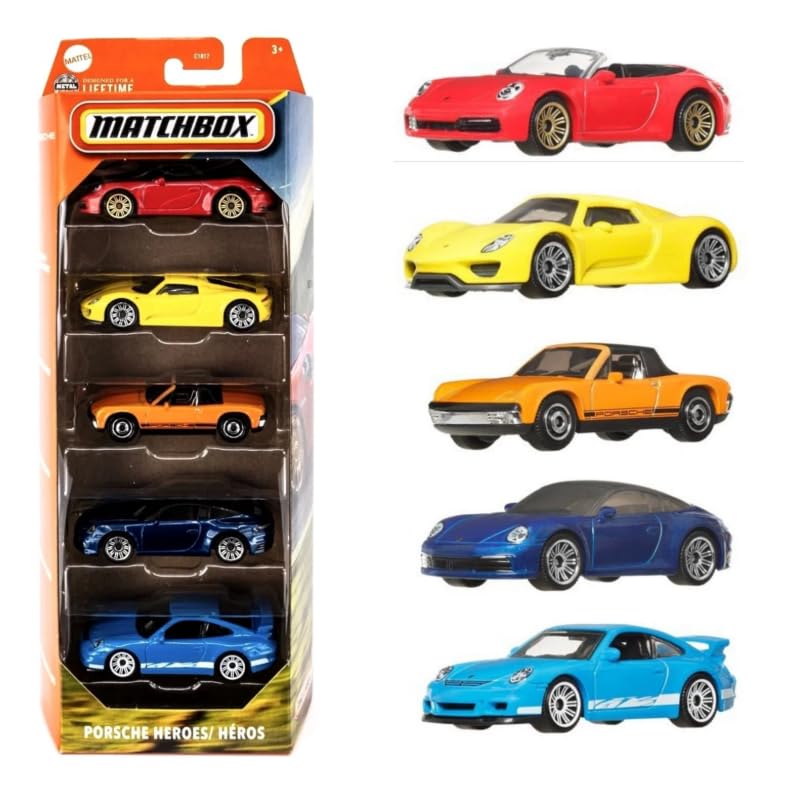 Hot Wheels Matchbox Porsche Heroes 5-Pack in 1:64 scale for display and collection