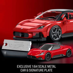 Hot Wheels MC20 kit with Mattel branding boosts display-ready appeal.