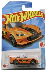 Hot Wheels Mazda MX-5 Miata orange 1:64 scale die-cast model for display and play.