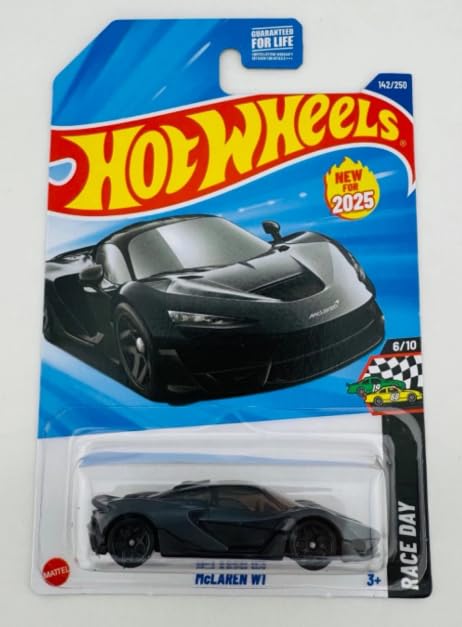 Hot Wheels McLaren W1 black race-day diecast car for display and collection.