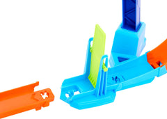 Hot Wheels Corkscrew mid-jump action with adjustable jump distance.