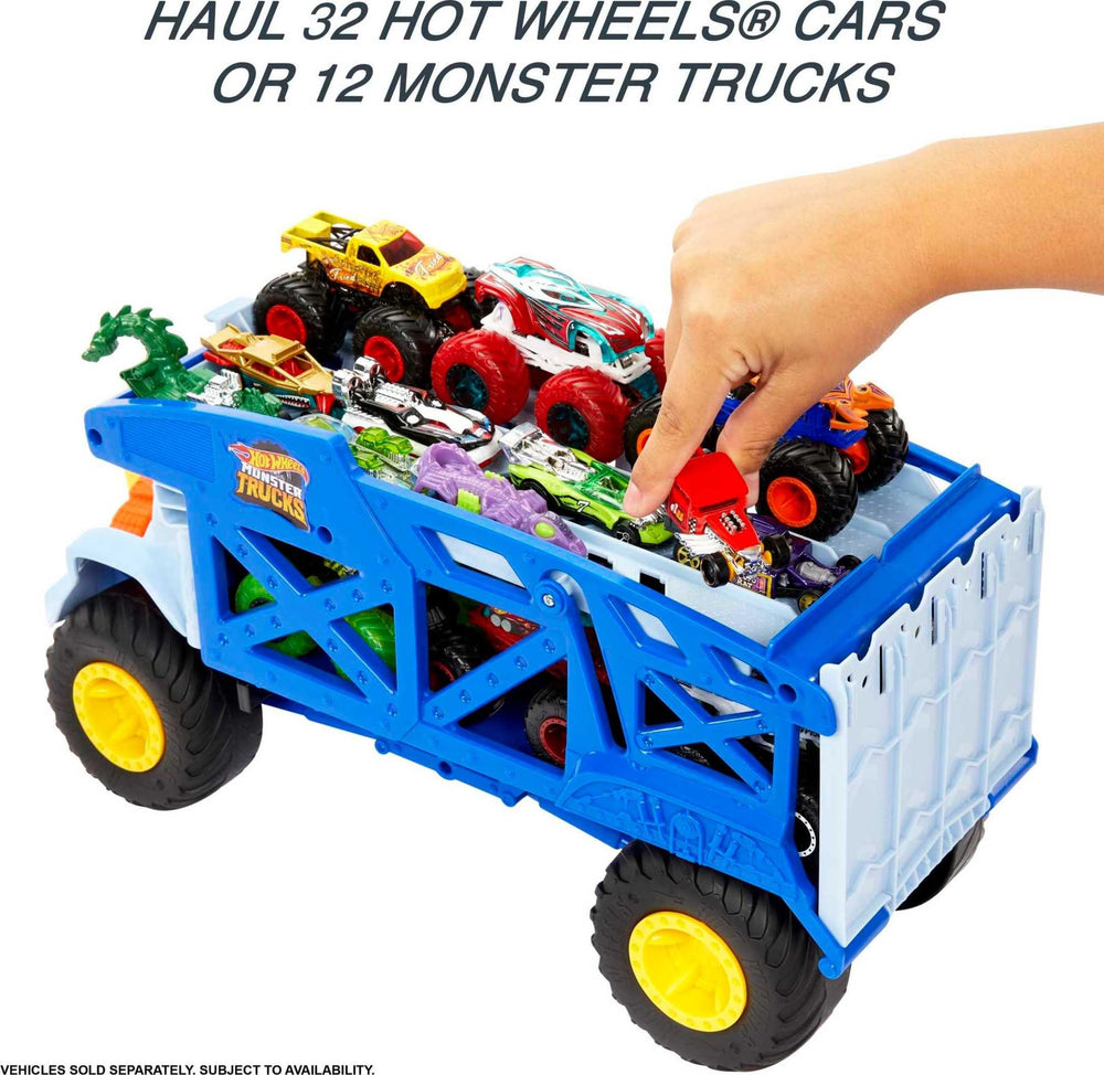 Hot Wheels Monster Mover Rhino rear ramp enables quick car launches