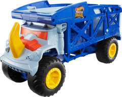 Hot Wheels Monster Mover Rhino two‑level storage keeps fleet organized