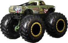 Hot Wheels Monster Trucks 4-Pack back stats detail truck names and motor-vation.
