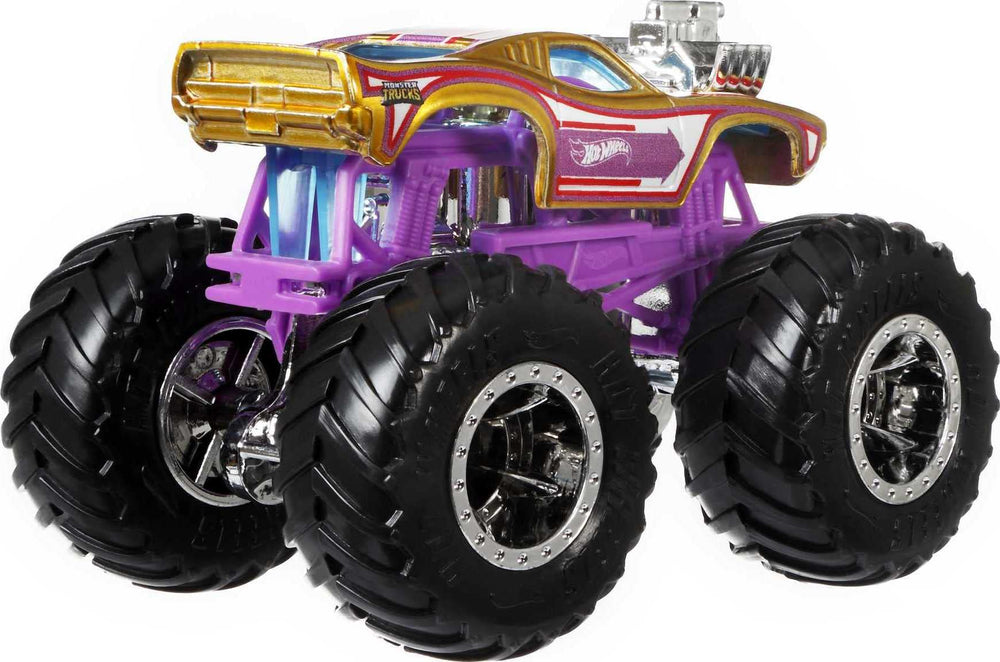 Hot Wheels Monster Trucks 4-Pack truck 3 view showcases unique crash attack design.