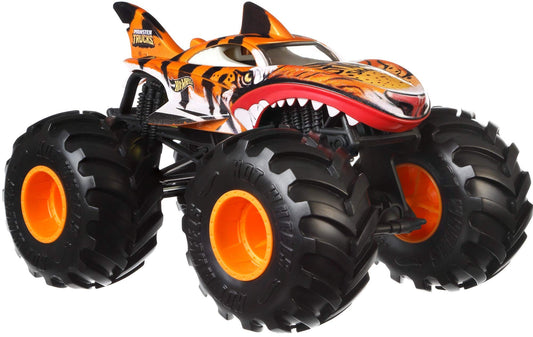 Hot Wheels Tiger Shark monster truck, front view, oversized wheels for rugged play.
