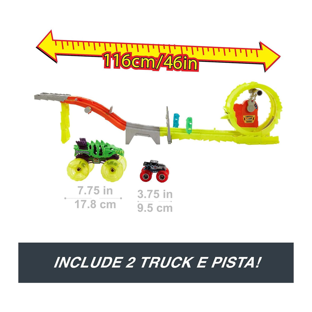 Hot Wheels Monster Trucks Track Set Bone Shaker faces the massive loop.