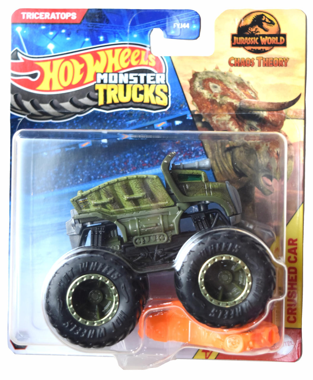 Hot Wheels Monster Trucks Triceratops with crushed car offers durable play for rugged toy adventures