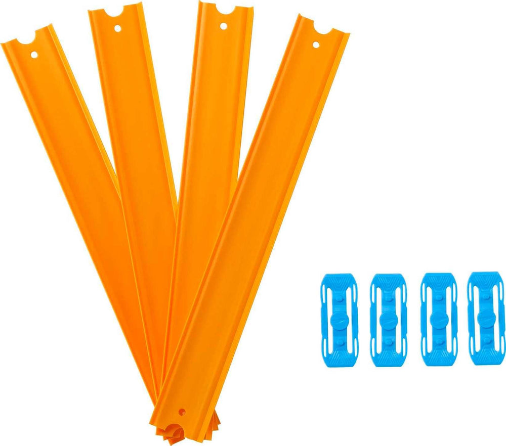 Hot Wheels orange-black striped track creates dramatic car runs.