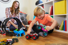 Hot Wheels oversized monster truck with giant wheels for dramatic crashing action.