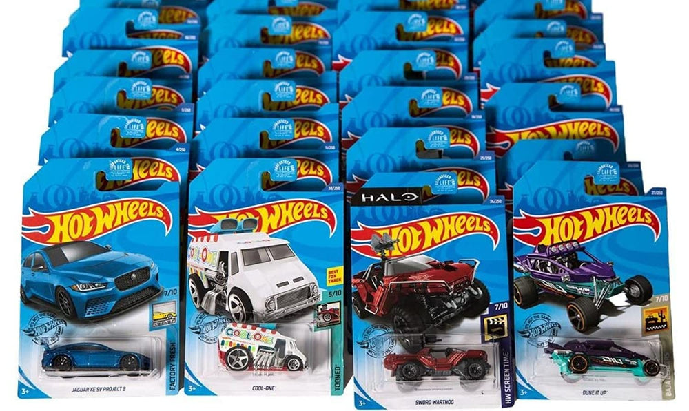 Hot Wheels 24-car random assortment party pack with 1:64 die-cast cars, ideal for gifts and play.