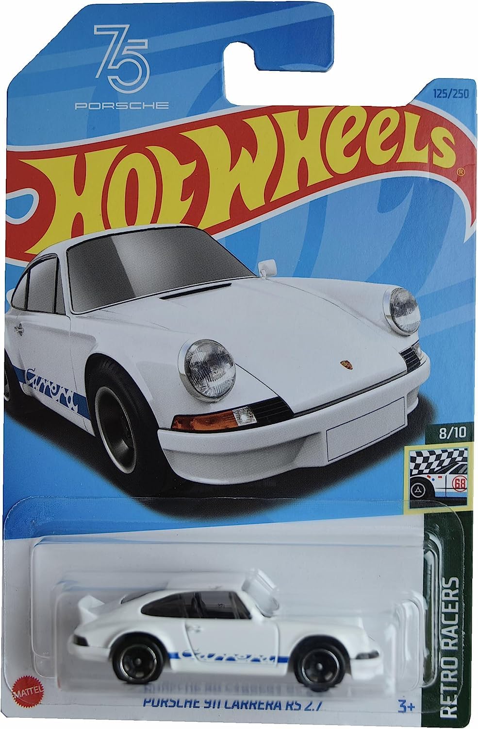 Hot Wheels Porsche 911 Carrera RS 2.7 front view die-cast model for display.
