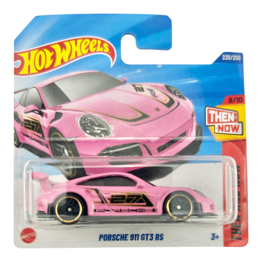 Hot Wheels Porsche 911 GT3 RS pink die-cast model for display and collection.