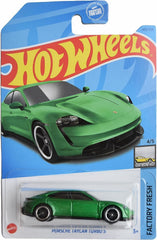 Hot Wheels Porsche Taycan Turbo S green side view for display and collection.