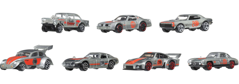 Hot Wheels pre-1970s cars die-cast front view reveals nostalgic styling for display.