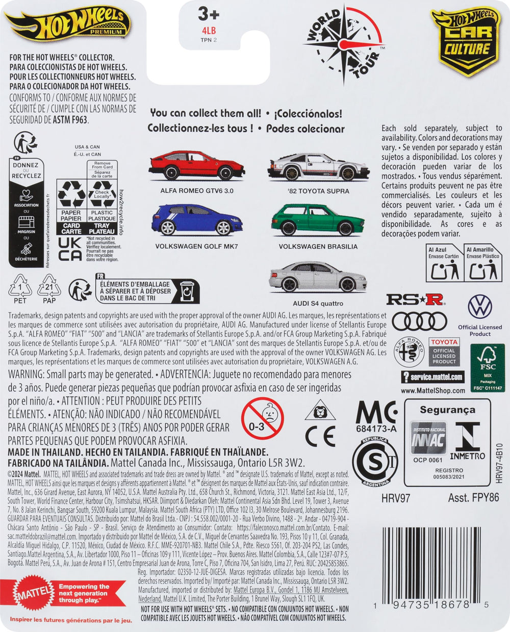 Hot Wheels 82 Toyota Supra World Tour with Real Riders tires enhances playability.