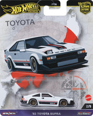 Hot Wheels Premium Car Culture 82 Toyota Supra World Tour on display, ideal for collectors.