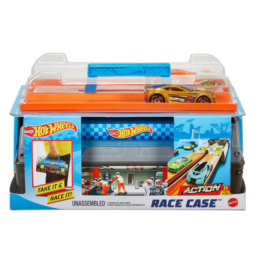 Hot Wheels Race Case front view with two cars and launchers for portable racing fun.
