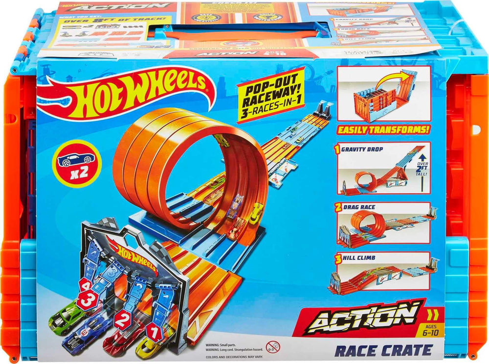 Hot Wheels Race Crate setup highlights portable play and easy storage.
