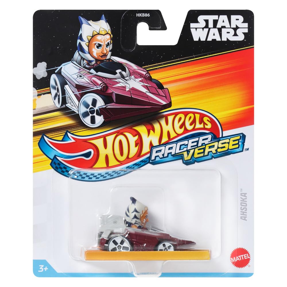Hot Wheels RacerVerse Ahsoka on track demonstrates compatibility with standard 1:64 tracks