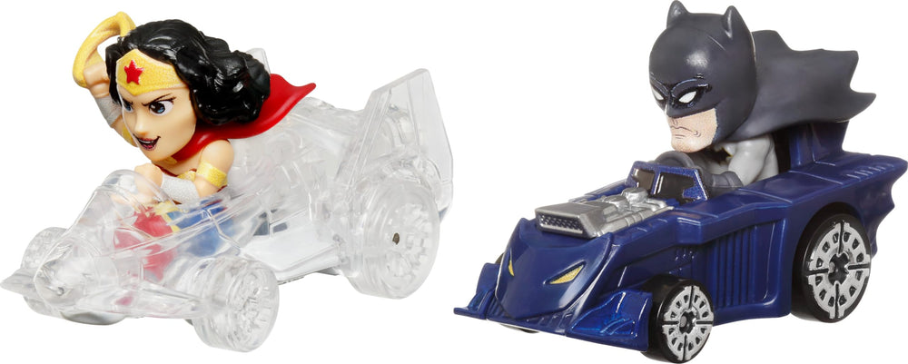 Hot Wheels RacerVerse Batman and Wonder Woman duo die-cast cars on track