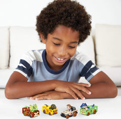 Hot Wheels RacerVerse Charlie the Raptor in a die-cast car for exciting storytelling.