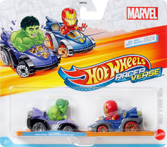 Hot Wheels RacerVerse collectible display pose featuring Hulk and Iron Man figures