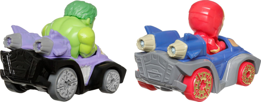 Hot Wheels RacerVerse Hulk and Iron Man rear view highlights authentic character styling