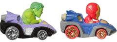 Hot Wheels RacerVerse Hulk and Iron Man side view emphasizing sleek profile for track action
