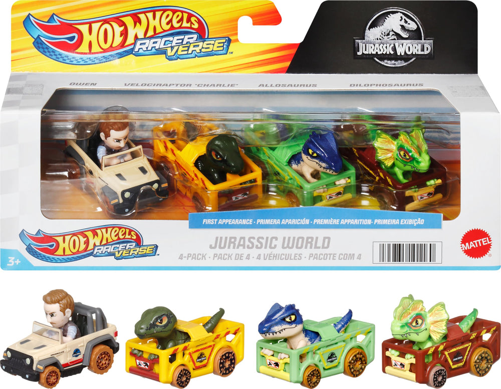 Hot Wheels RacerVerse Owen driving a die-cast vehicle for immersive Jurassic World adventures.