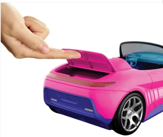 Trunk opens for storing road trip accessories in the Hot Wheels RC Barbie.