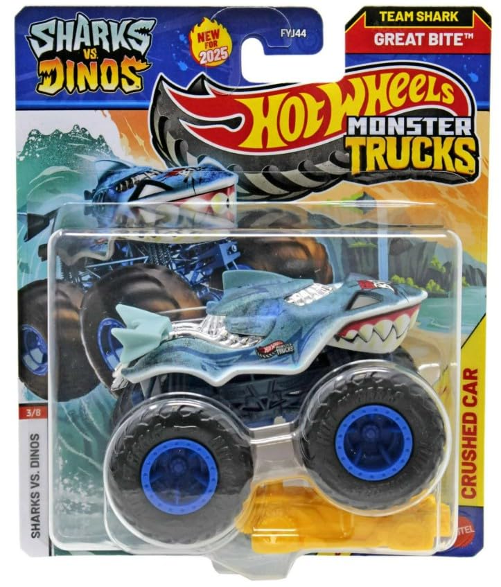 Hot Wheels Sharks vs Dinos 1:64 die-cast for collectability and kid-friendly pretend battles.