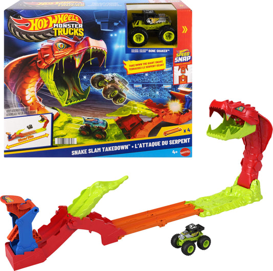 Hot Wheels Snake Slam Takedown track set with Bone Shaker ready for action-packed racing