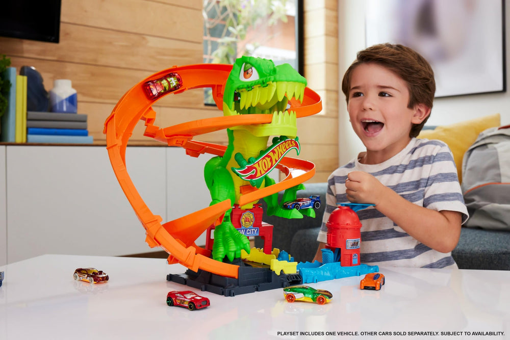 Hot Wheels T Rex Blaze spinning eyes highlight dramatic dino battles on the track