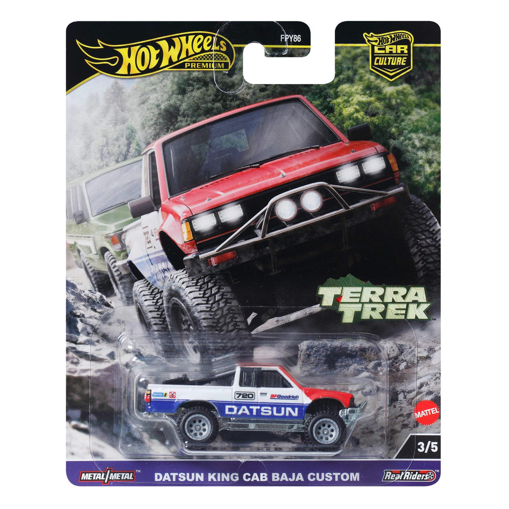 Hot Wheels Terra Trek Datsun King Cab Baja Custom with Real Riders tires for authentic display.