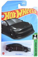 Hot Wheels Tesla Model Y die-cast in black, HW Green Speed 3/10, 1:64 scale, ideal for display.