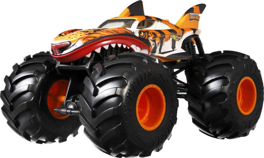 Hot Wheels Tiger Shark truck front view with oversized wheels for epic crashing play.