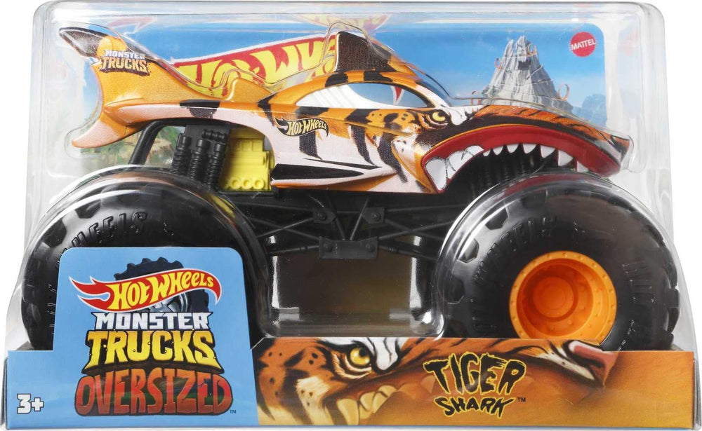 Hot Wheels Tiger Shark packaging back highlights truck stats and action-ready design.
