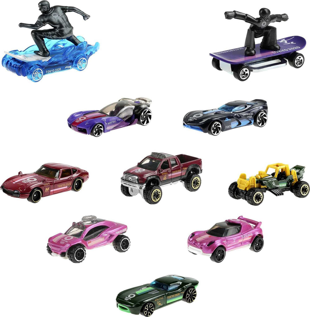 Hot Wheels Tokyo 2020 Olympics 10 castings pack features colorful sports themed cars for display and play