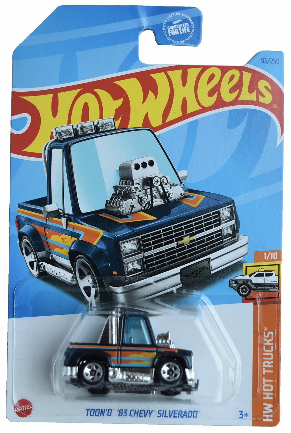 Hot Wheels Toon'd 83 Chevy Silverado blue side display model, ideal for collectors.