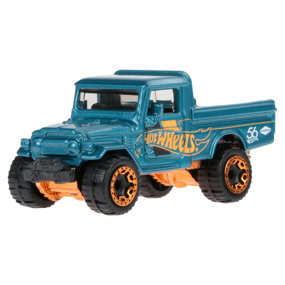 Hot Wheels Toyota Land Cruiser teal and gold front view, premium die-cast for display.