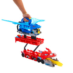 Hot Wheels Ultimate Dual Dragon Transporter launchers release two cars for quick launches